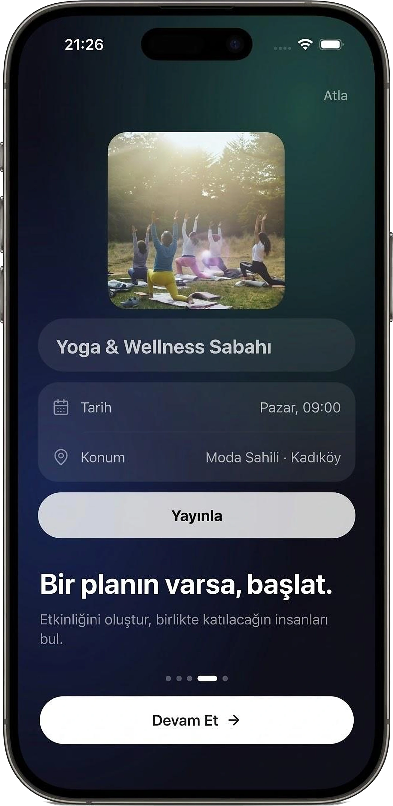 LOMO intro screen: Got a plan? Start it. Creating a Yoga & Wellness Morning event.