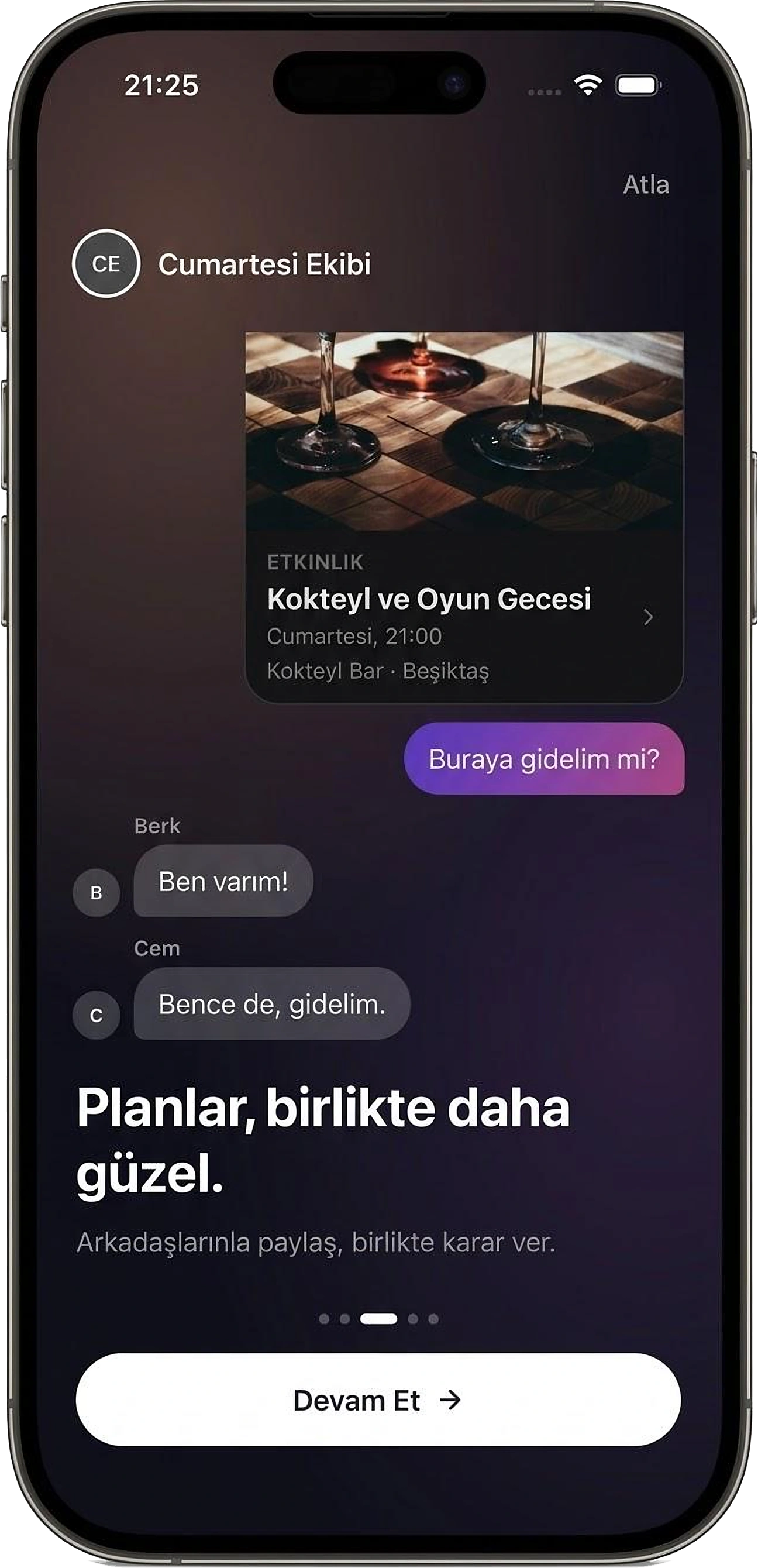 LOMO intro screen: Plans are better together. An event shared in a group chat.